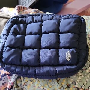Blue Quilted Cosmetic Bag with Puffy Texture